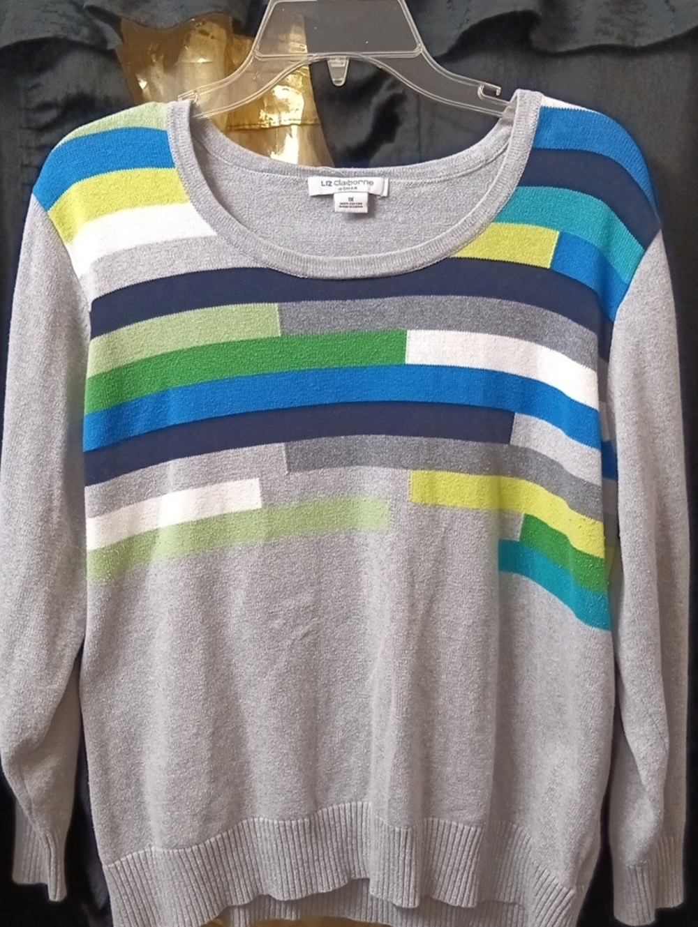 Liz Claiborne Gray Crewneck Sweater with Blue, Green & Yellow Stripes| Size 1x